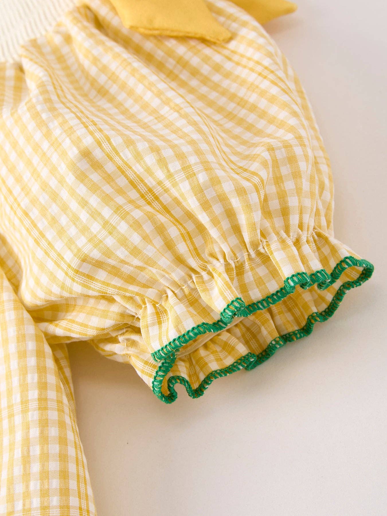 Yellow Plaid Floral Smocking Embroidered Dress: 2