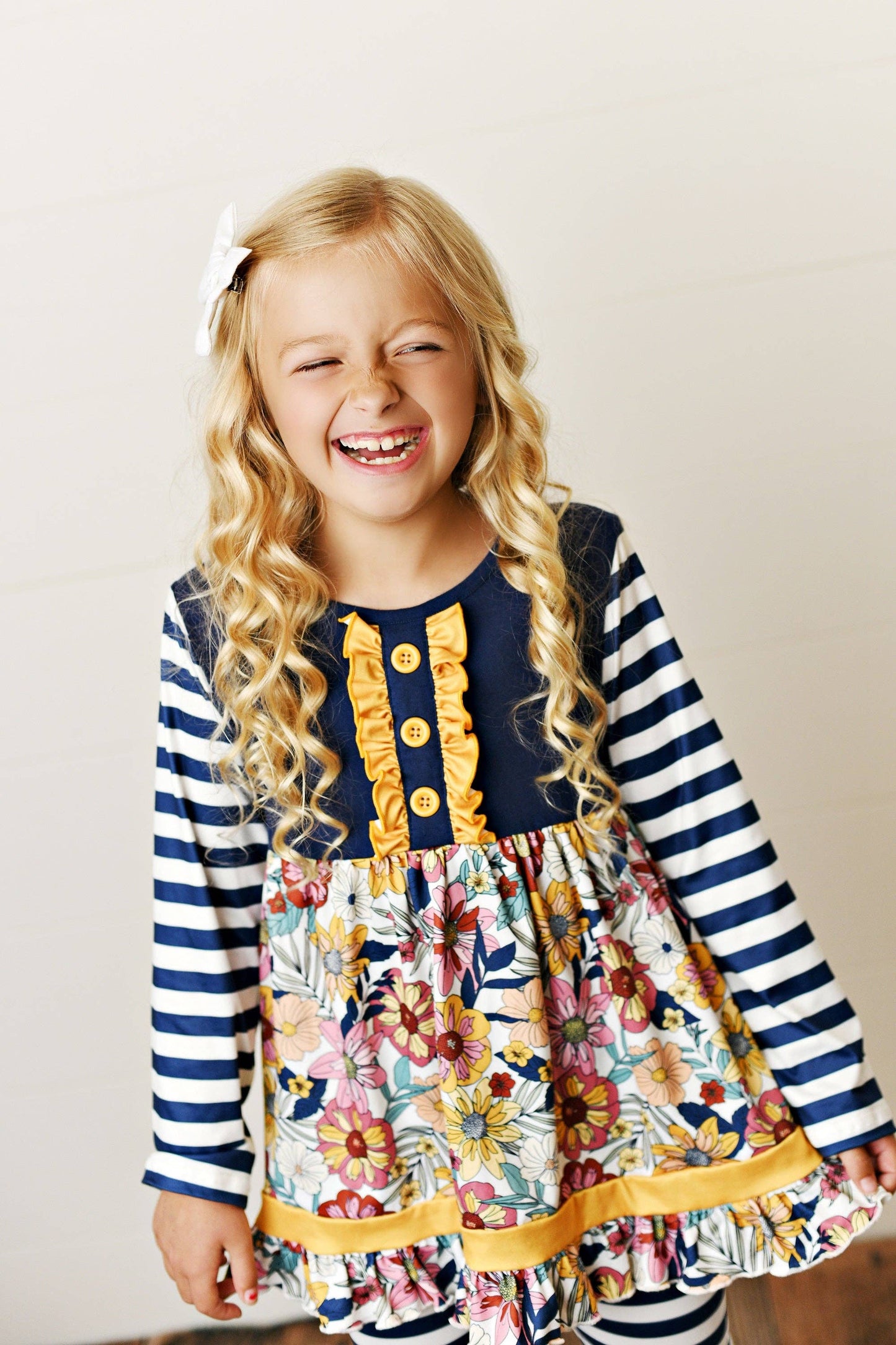 Kids Navy & Mustard Vintage Floral Fall Ruffle Button Set