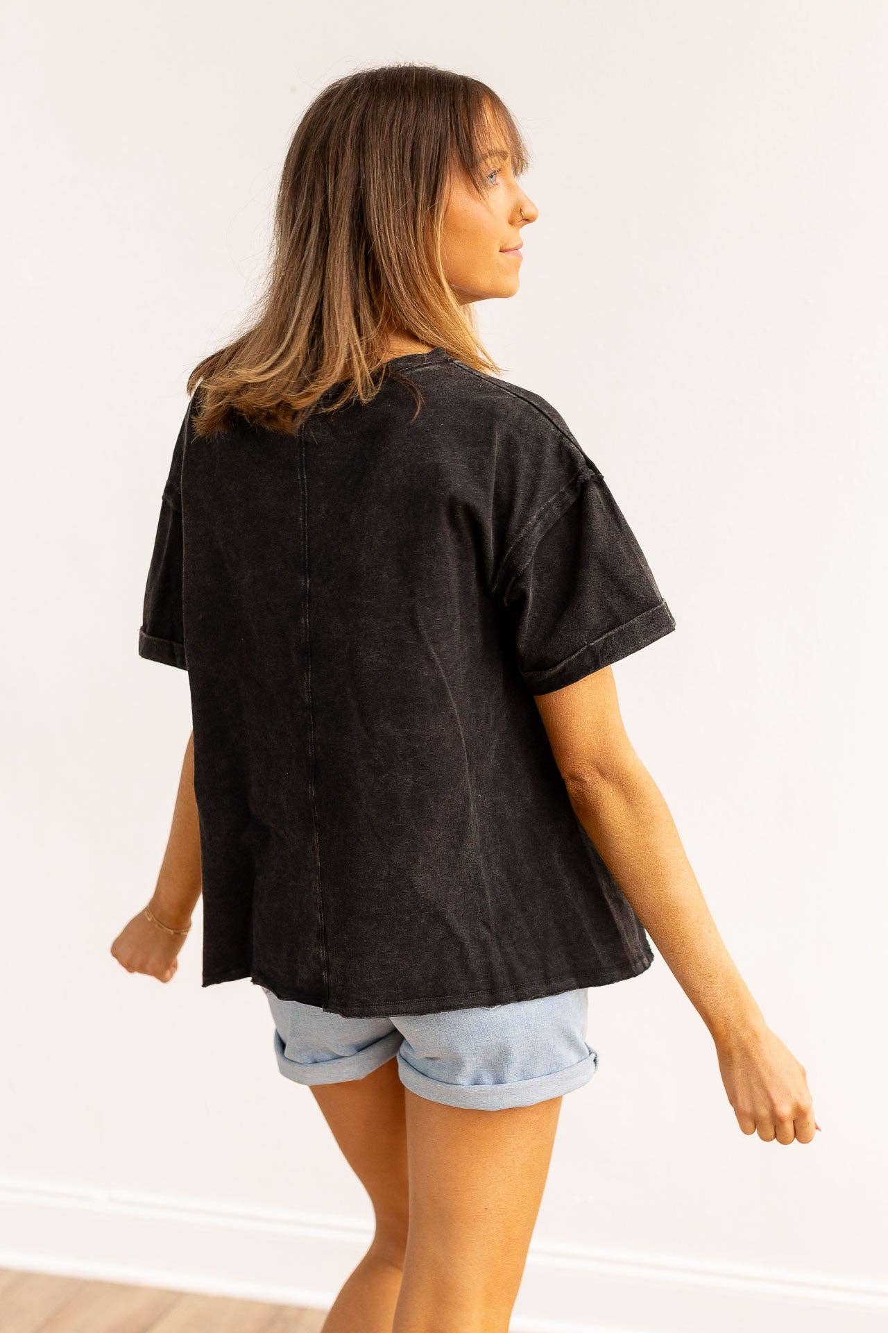 Black side slit crop with raw stitching.: Black / Plus Size