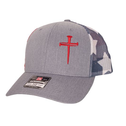 3 Nail Cross, Rugged Cross Embroidered Hat, Structured Fit: American Flag mesh with Red Cross
