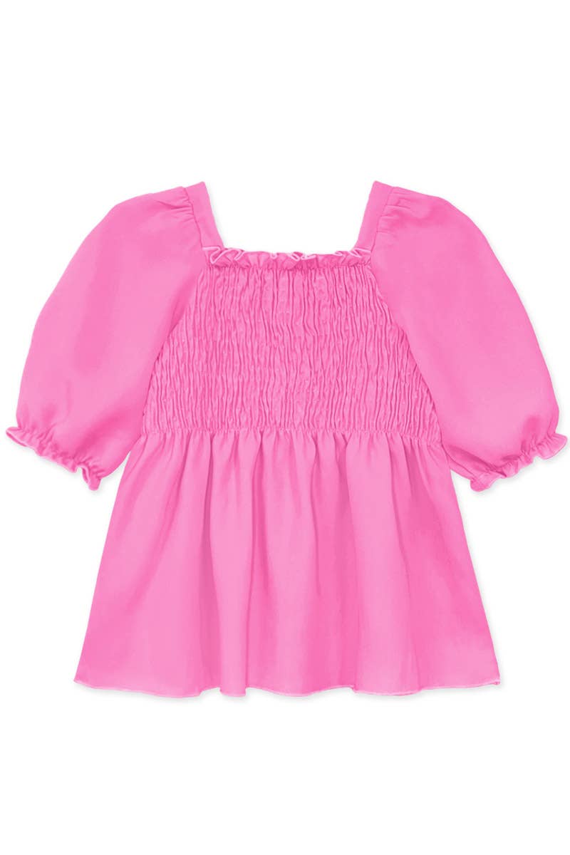 GKT-18002B-Q17 Girl's Fashion Top w/Smocking & Puff Sleeve: Pink #17 / S6/7