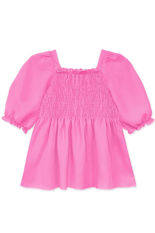 GKT-18002B-Q17 Girl's Fashion Top w/Smocking & Puff Sleeve: Pink #17 / L12/14