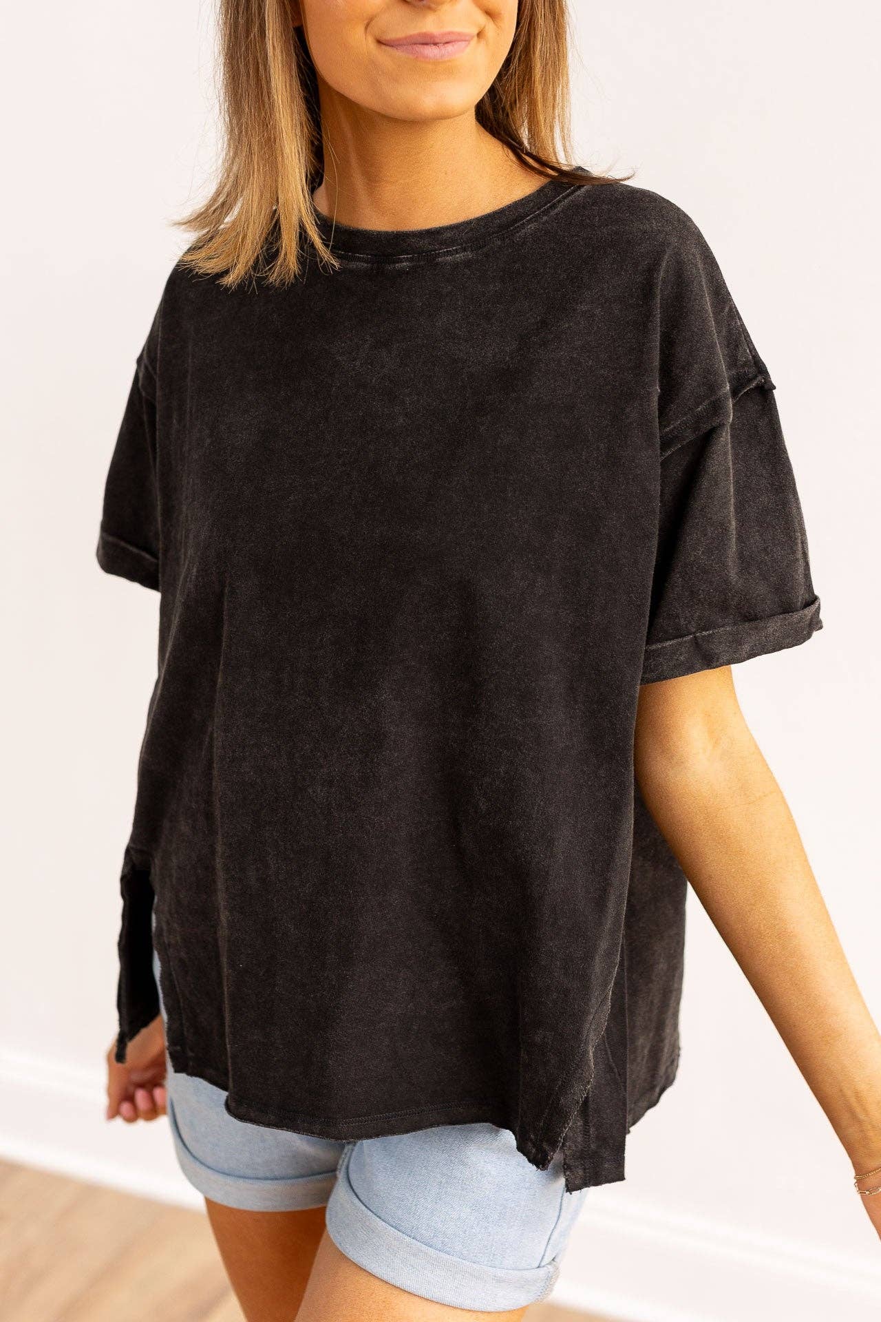 Black side slit crop with raw stitching.: Black / Plus Size