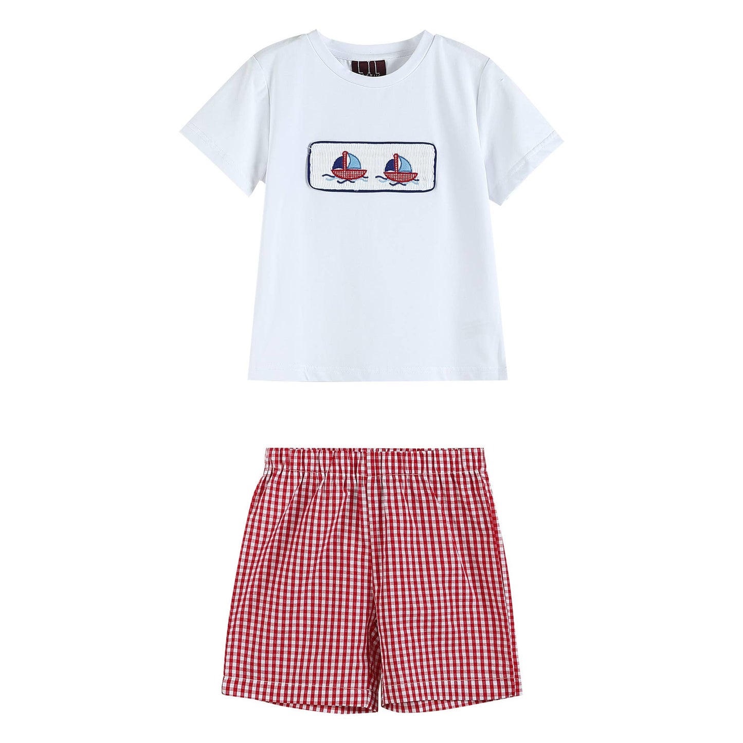 White Sailboat Appliqué Crewneck Tee & Red Gingham Shorts