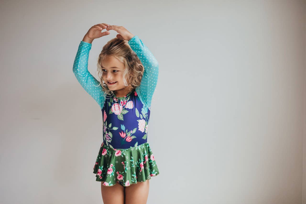 Shiny Flare Skirt Blue Green Floral Leotard