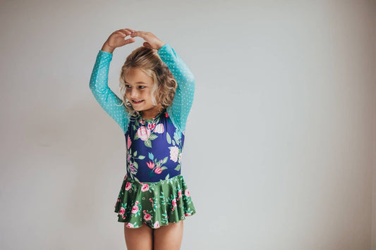 Shiny Flare Skirt Blue Green Floral Leotard