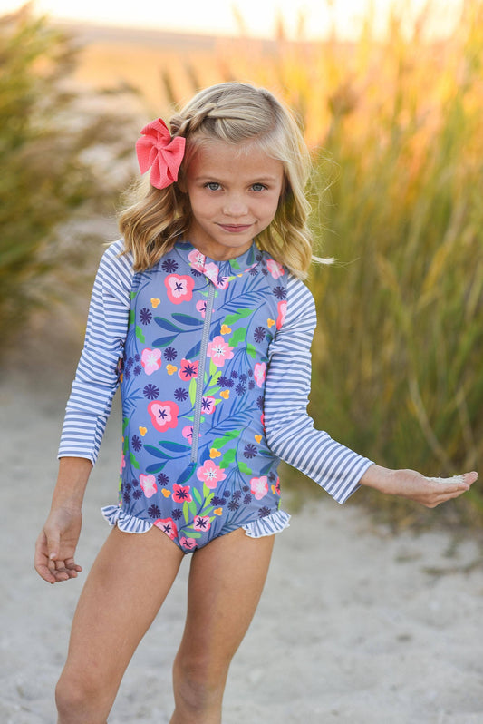 Kids Gray Stripe Zip Rash Guard One Piece Swimsuit