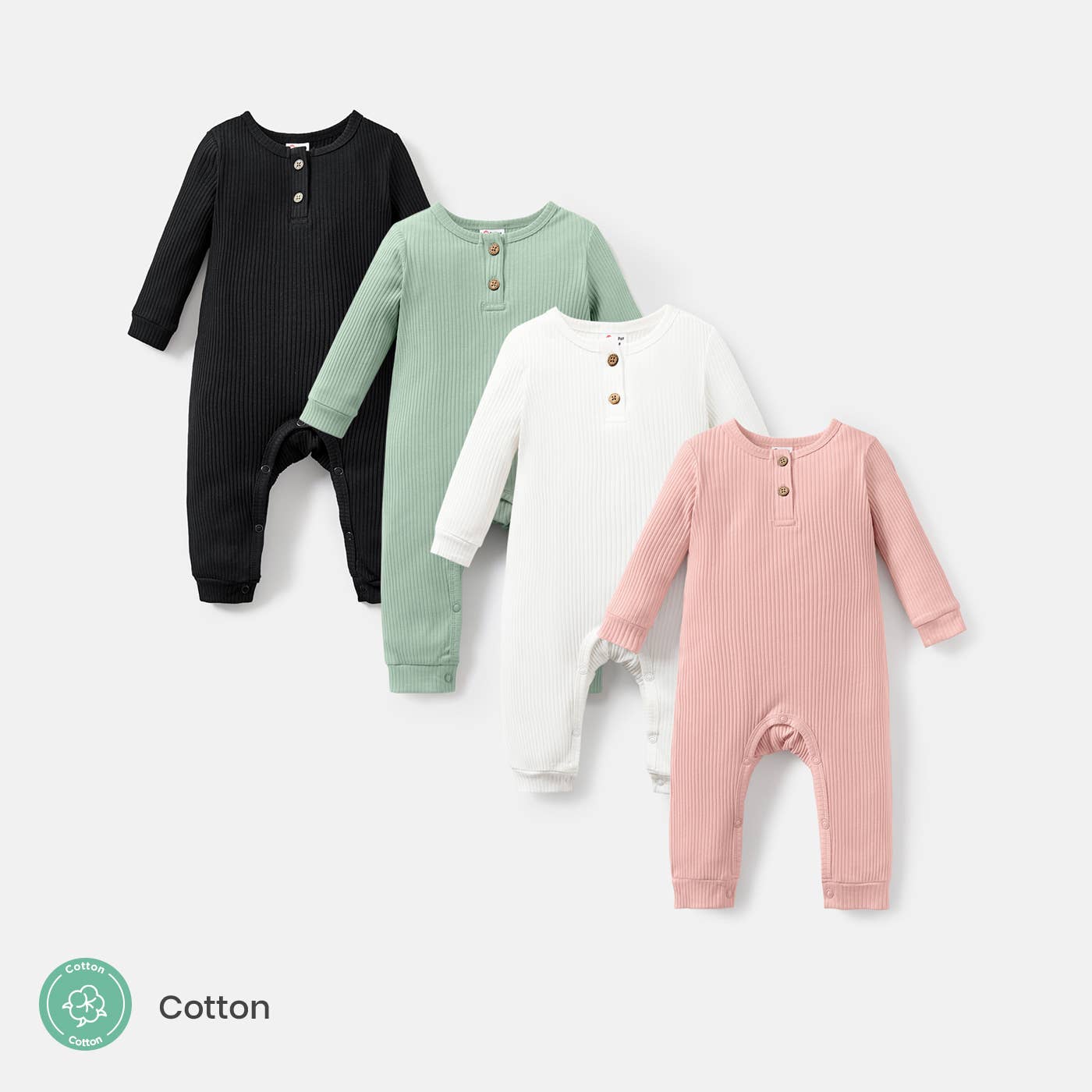 Baby Girl/Boy Cotton Button Ribbed Long-sleeve Jumpsuits