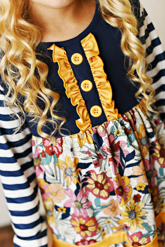 Kids Navy & Mustard Vintage Floral Fall Ruffle Button Set