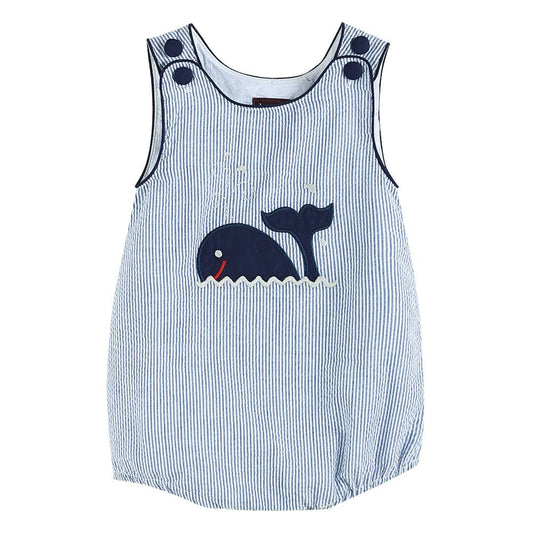 Blue Seersucker Whale Applique Baby Bubble Romper